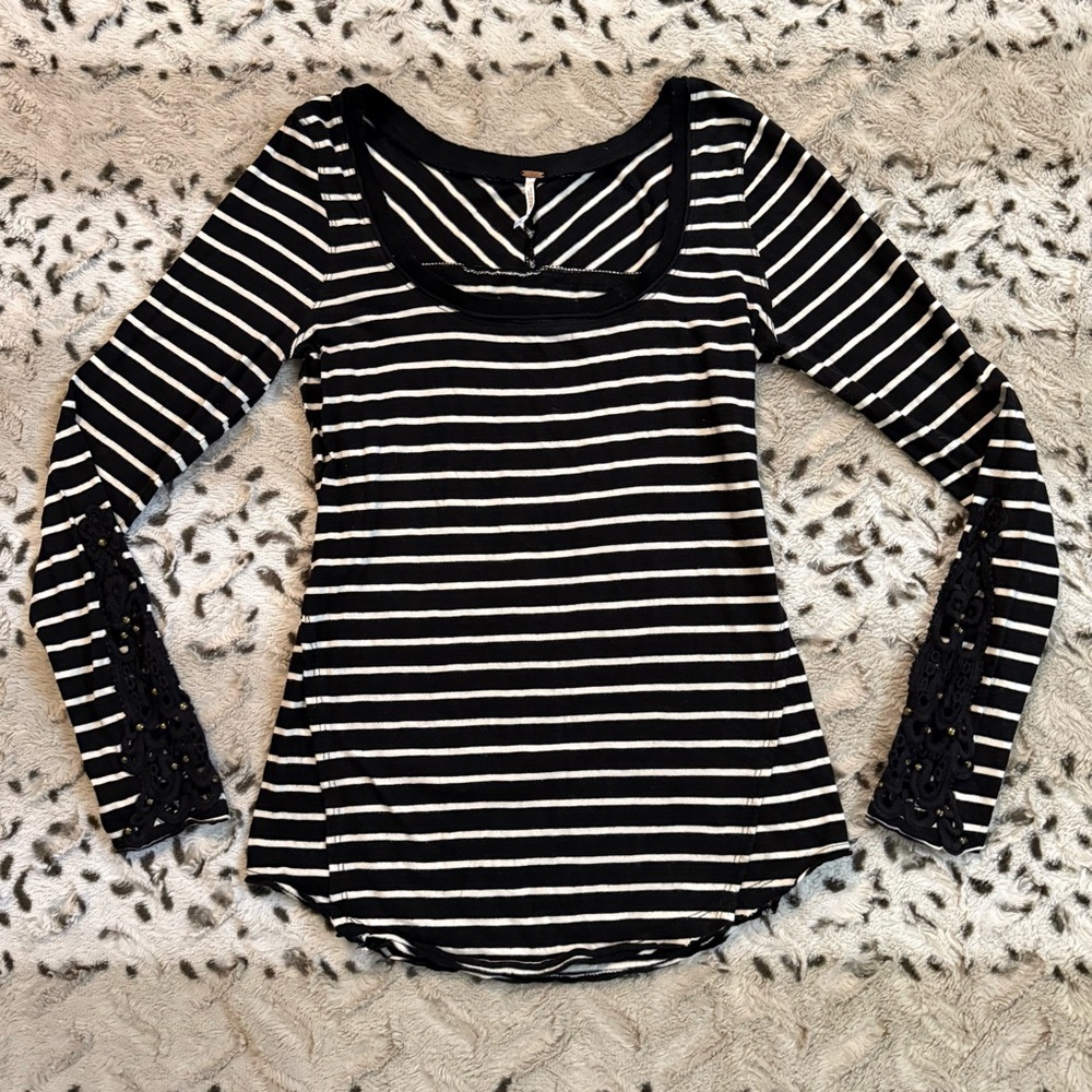 Free People Hard Candy Black + White Striped Long Sleeve w/ Crochet Cuffs - Picture 2 of 8